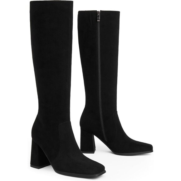 Women's Black Modatope Knee Toe Side Zipper High Heel Square Long boots - Picture 4 of 8